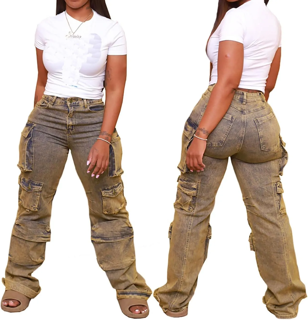 Vakkest Women's Cargo Jeans Wide Leg High Waist Jogger Baggy Denim Pants Boyfriends Trendy Trousers with Multi Pockets
