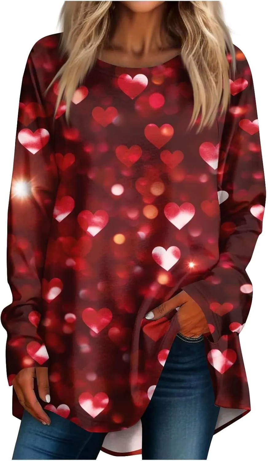 Valentines Day Tshirts Women Long Sleeve Crewneck Loose Fit Heart Tops Soft Comfy Holiday Graphic Tees