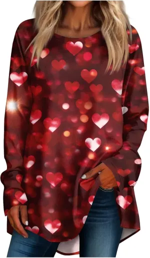Valentines Day Tshirts Women Long Sleeve Crewneck Loose Fit Heart Tops Soft Comfy Holiday Graphic Tees