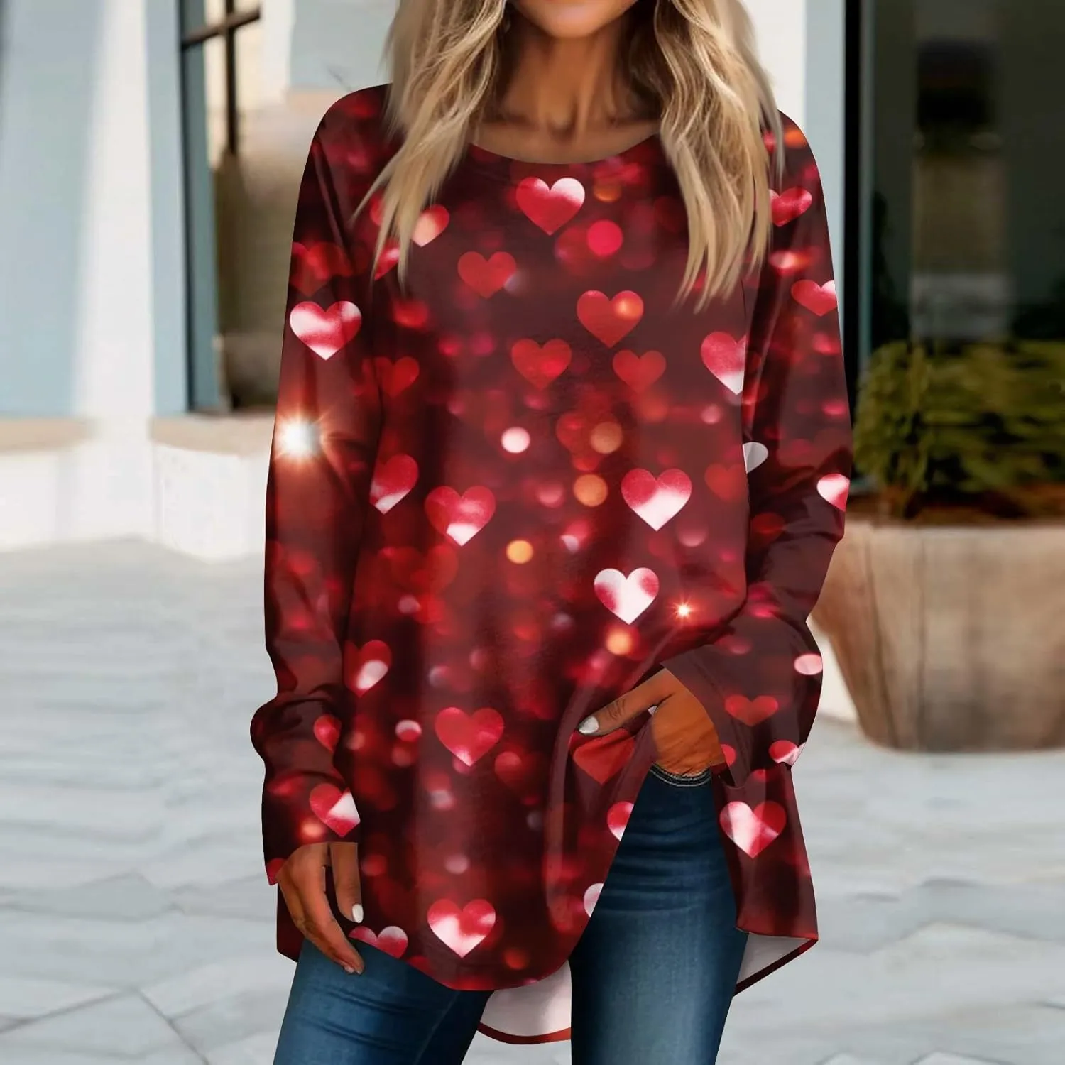 Valentines Day Tshirts Women Long Sleeve Crewneck Loose Fit Heart Tops Soft Comfy Holiday Graphic Tees