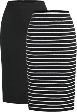 Verdusa Women's Plus Size 2 Pack Striped Slit Midi Skirts High Waist Pencil Skirt