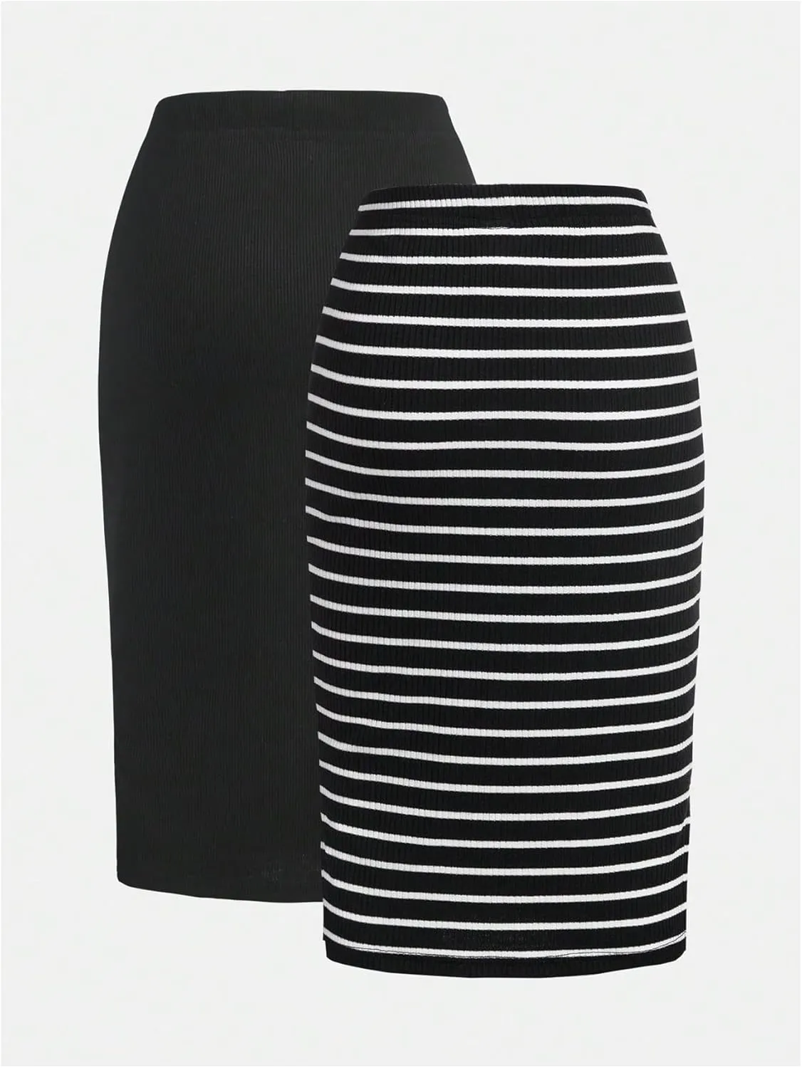 Verdusa Women's Plus Size 2 Pack Striped Slit Midi Skirts High Waist Pencil Skirt