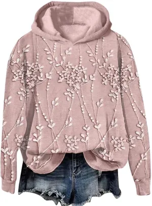 Vintage Floral Embroidery Art Cozy Women Hoodie Fleece Sweatshirt Long Sleeve Shirt Pullover Fall Winter Outfits 2024