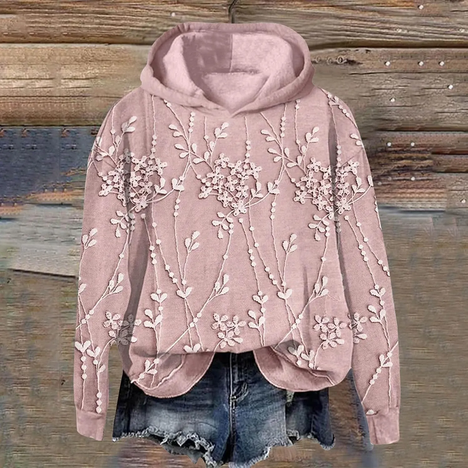 Vintage Floral Embroidery Art Cozy Women Hoodie Fleece Sweatshirt Long Sleeve Shirt Pullover Fall Winter Outfits 2024