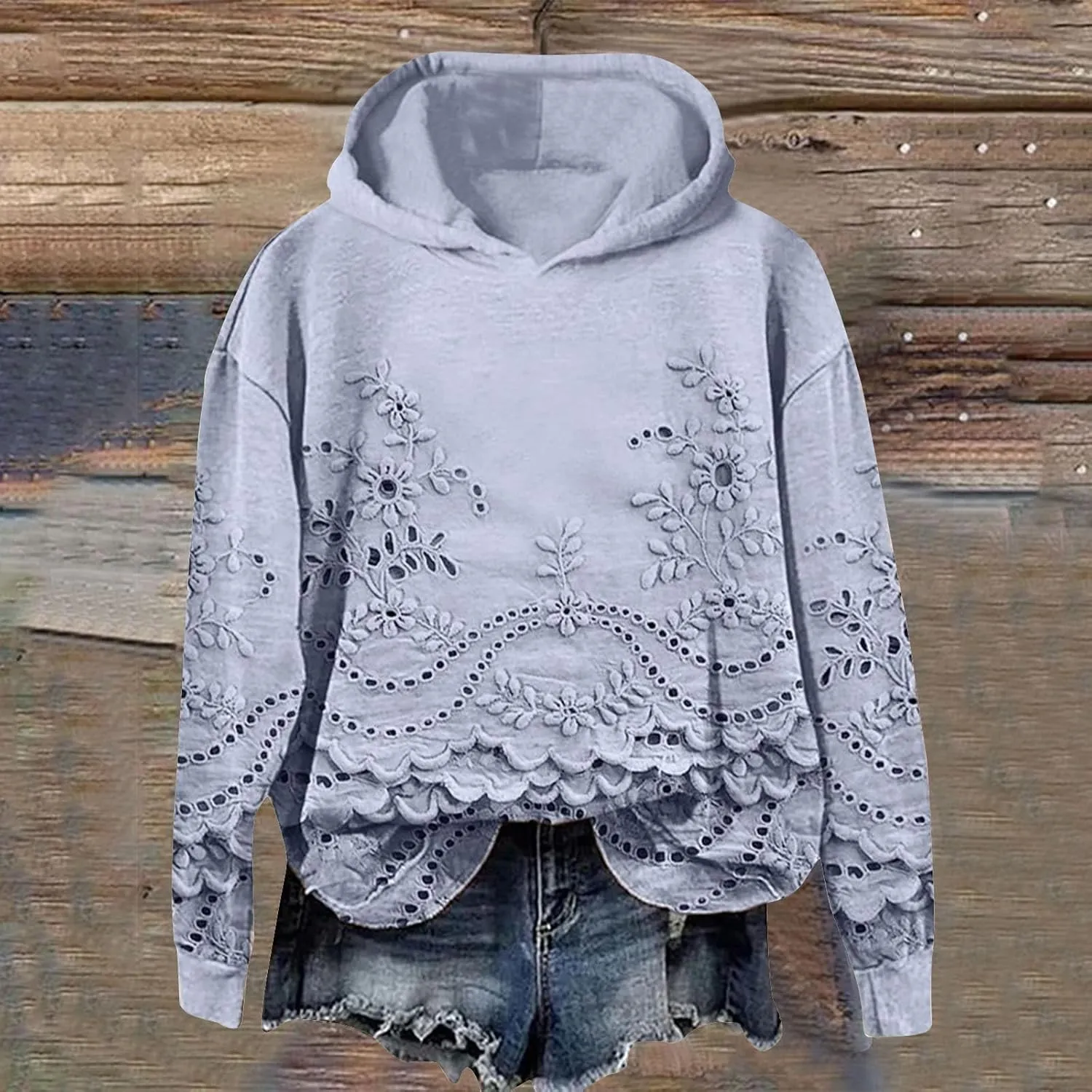 Vintage Floral Embroidery Art Cozy Women Hoodie Fleece Sweatshirt Long Sleeve Shirt Pullover Fall Winter Outfits 2024