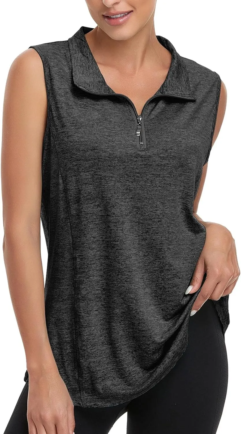 Viracy Women's Zip Up Golf Workout Tank Tops Sleeveless Quick Dry Athletic Polo Shirts