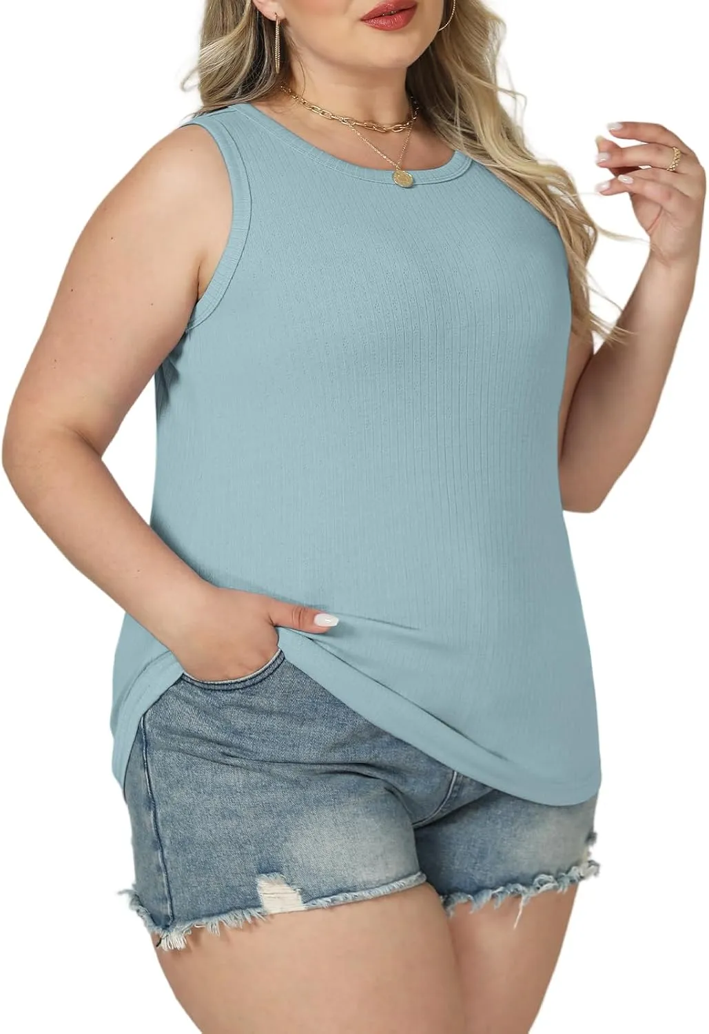 VISLILY Womens-Plus-Size-Tank-Tops 2025 Summer Crew Neck Sleeveless Shirts Casual Ribbed Racerback Blouses XL-5XL
