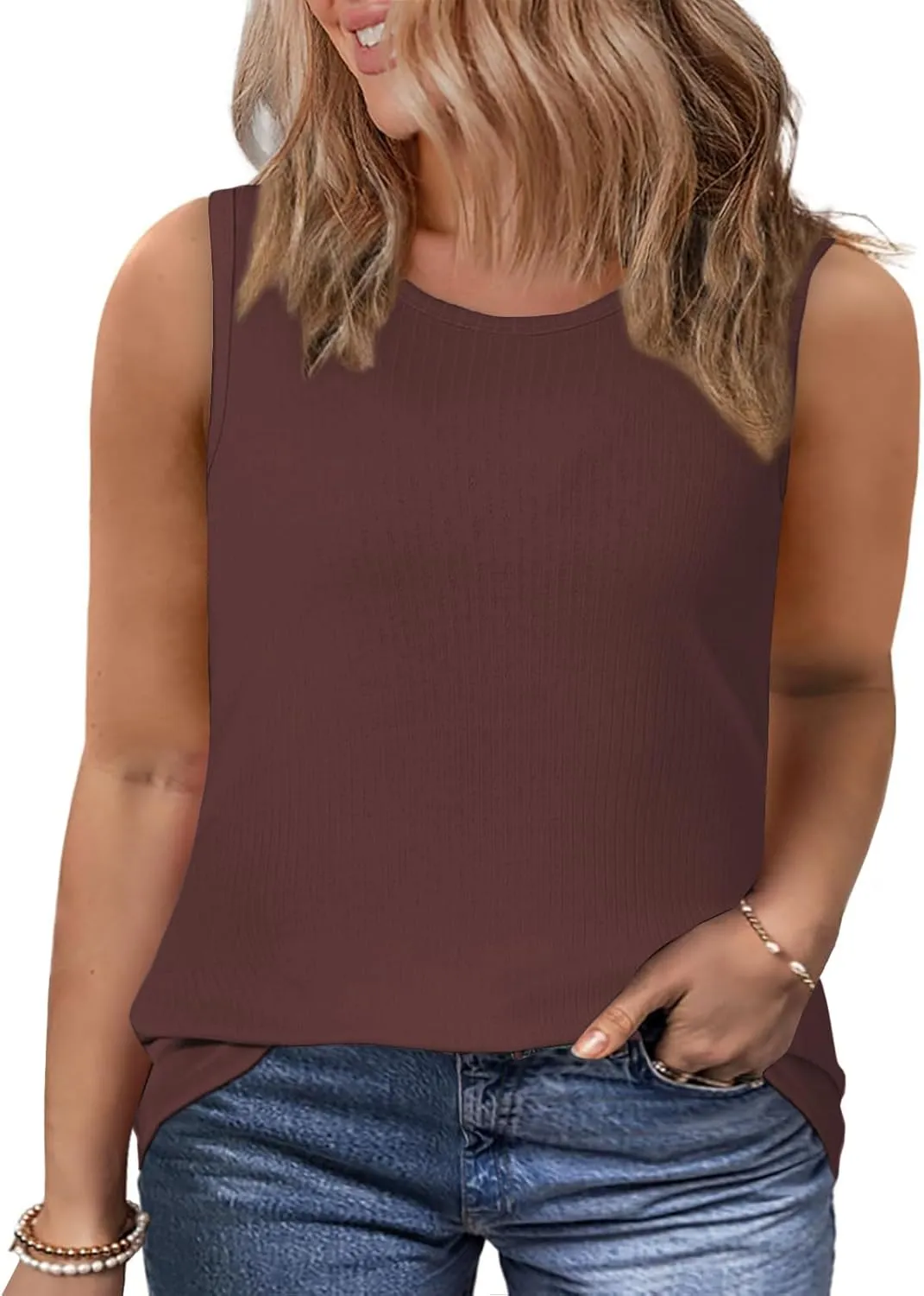 VISLILY Womens-Plus-Size-Tank-Tops 2025 Summer Crew Neck Sleeveless Shirts Casual Ribbed Racerback Blouses XL-5XL