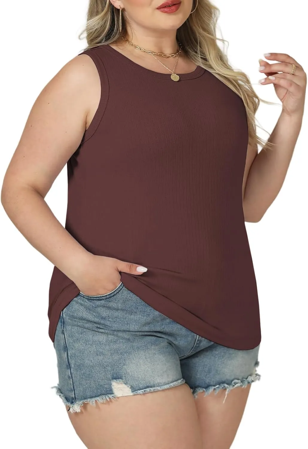 VISLILY Womens-Plus-Size-Tank-Tops 2025 Summer Crew Neck Sleeveless Shirts Casual Ribbed Racerback Blouses XL-5XL