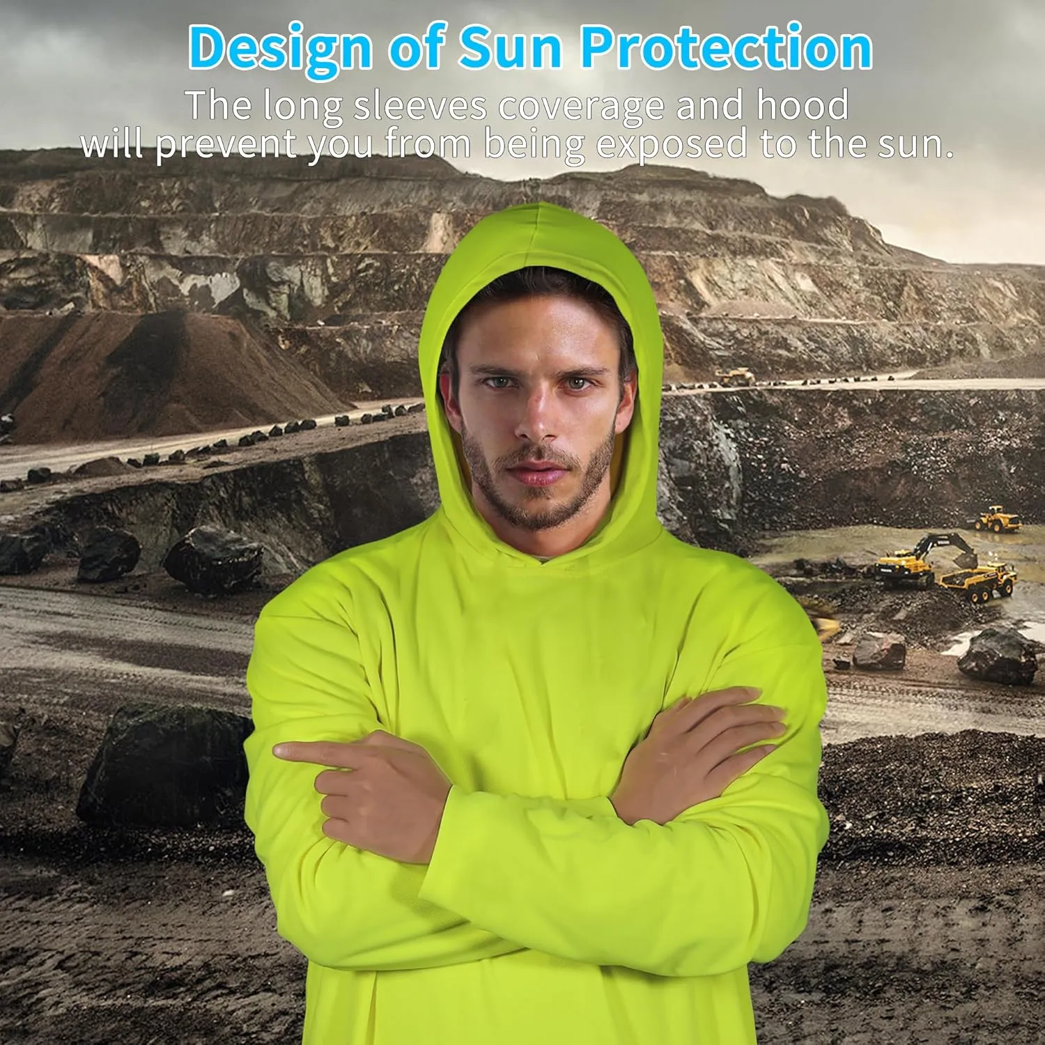 W&H Hi Vis Breathable Hoodie Sweatshirt for Sun Protection Quick Dry Mens Construction Shirts with Hood Yellow