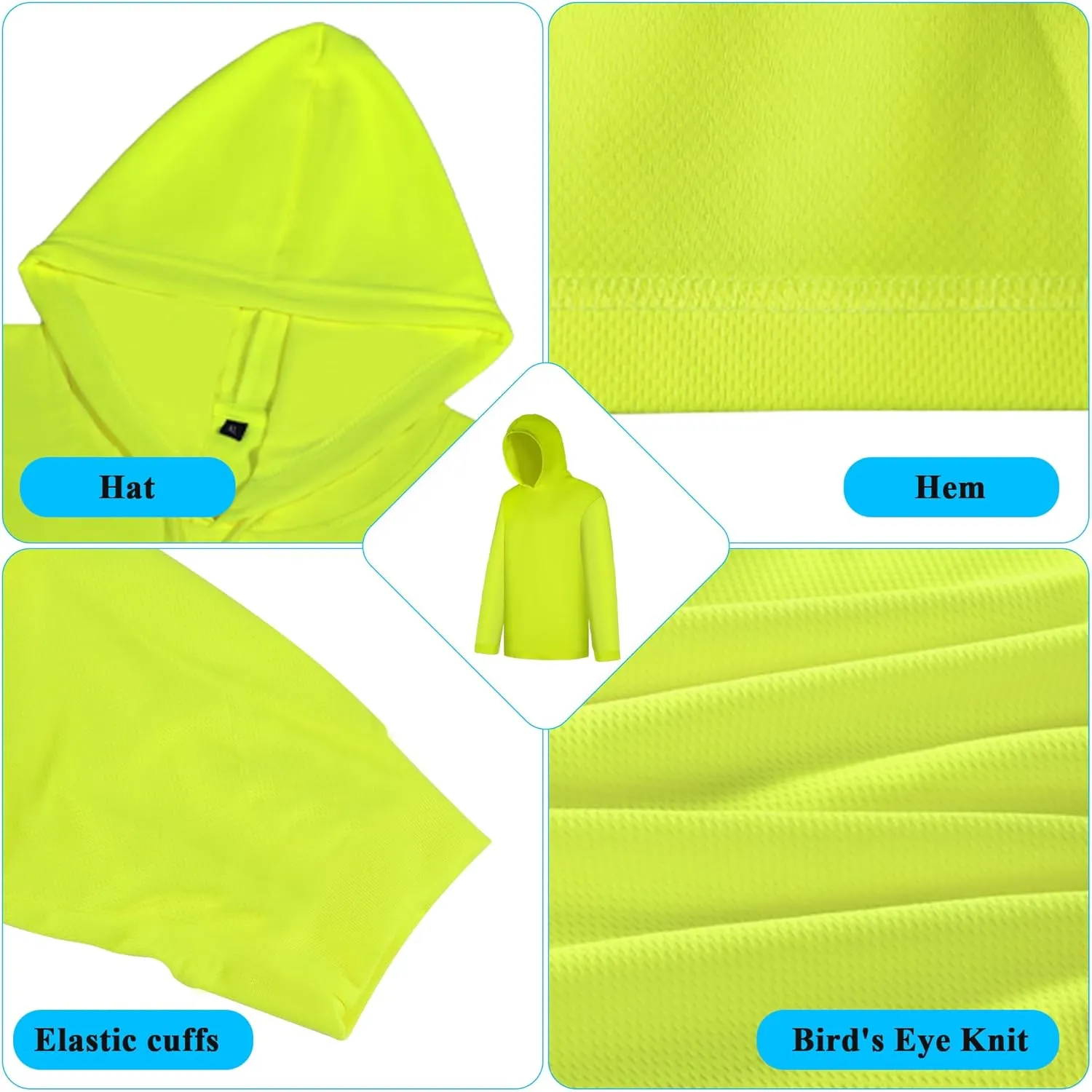 W&H Hi Vis Breathable Hoodie Sweatshirt for Sun Protection Quick Dry Mens Construction Shirts with Hood Yellow