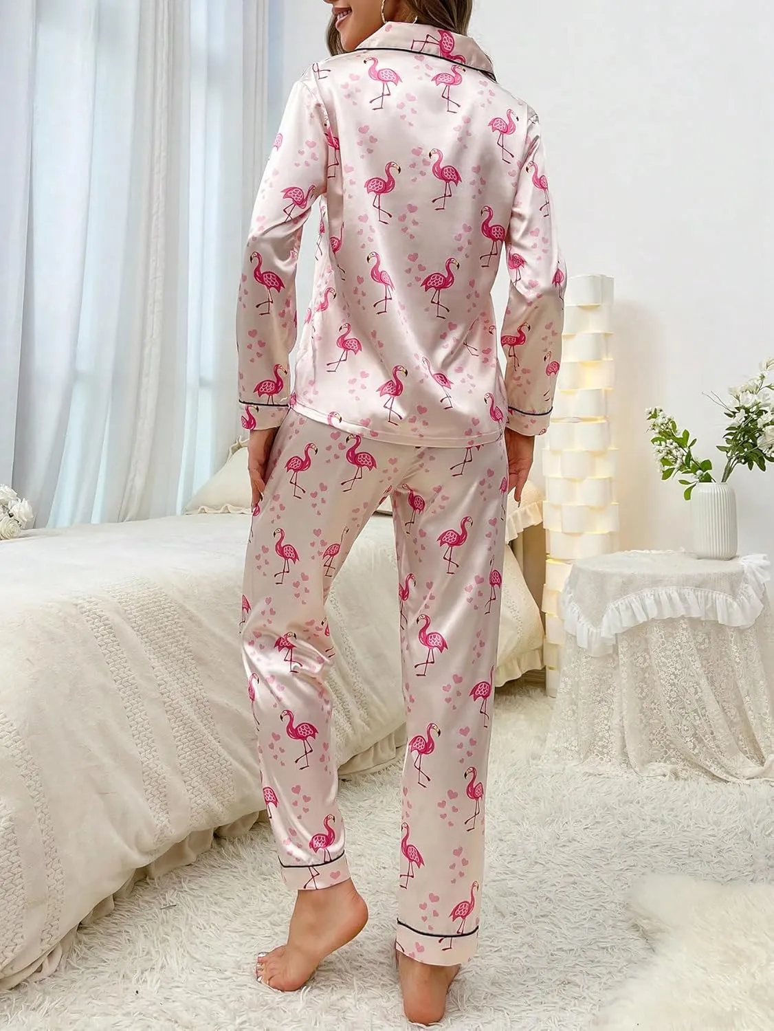 WDIRARA Women's 2 Piece Satin Sleepwear Flamingo Animal Print Button Down Shirt and Pants Pajama Set