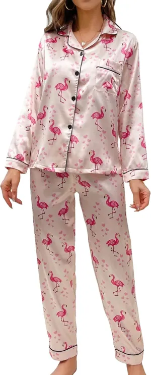 WDIRARA Women's 2 Piece Satin Sleepwear Flamingo Animal Print Button Down Shirt and Pants Pajama Set