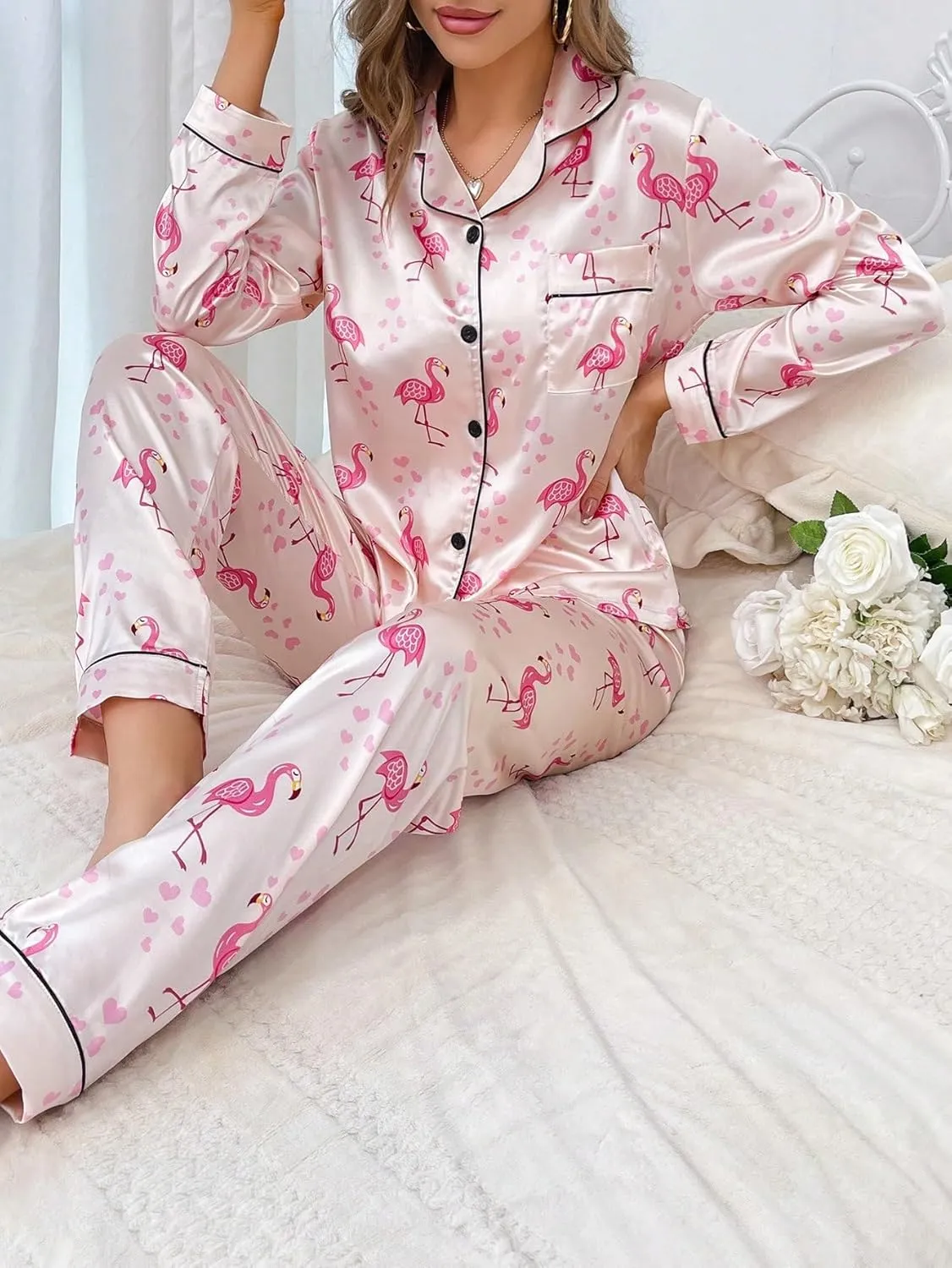 WDIRARA Women's 2 Piece Satin Sleepwear Flamingo Animal Print Button Down Shirt and Pants Pajama Set