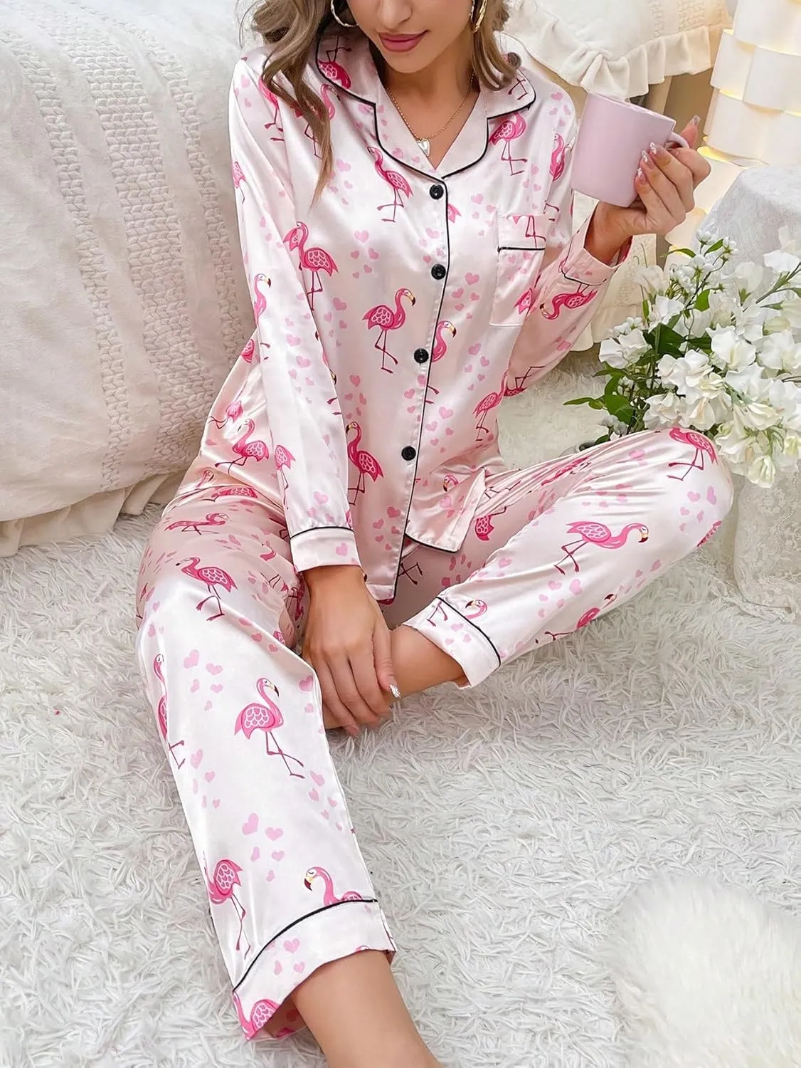WDIRARA Women's 2 Piece Satin Sleepwear Flamingo Animal Print Button Down Shirt and Pants Pajama Set