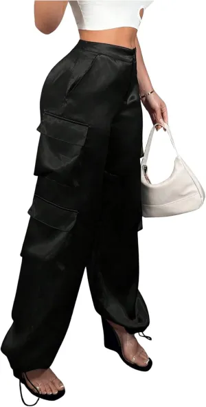 WDIRARA Women's Satin Cargo Pants Low Waist Wide Leg Work Pants with 3D Pockets