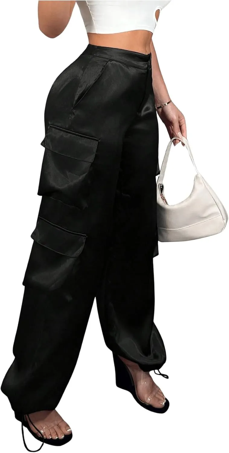 WDIRARA Women's Satin Cargo Pants Low Waist Wide Leg Work Pants with 3D Pockets