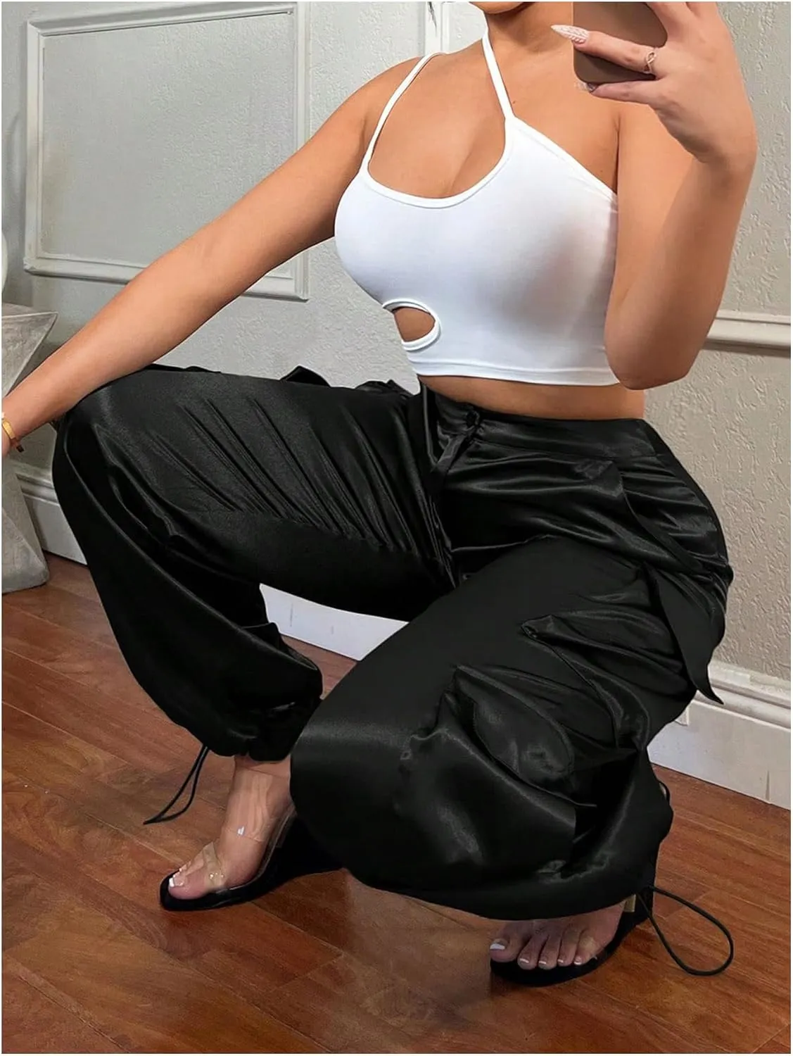 WDIRARA Women's Satin Cargo Pants Low Waist Wide Leg Work Pants with 3D Pockets