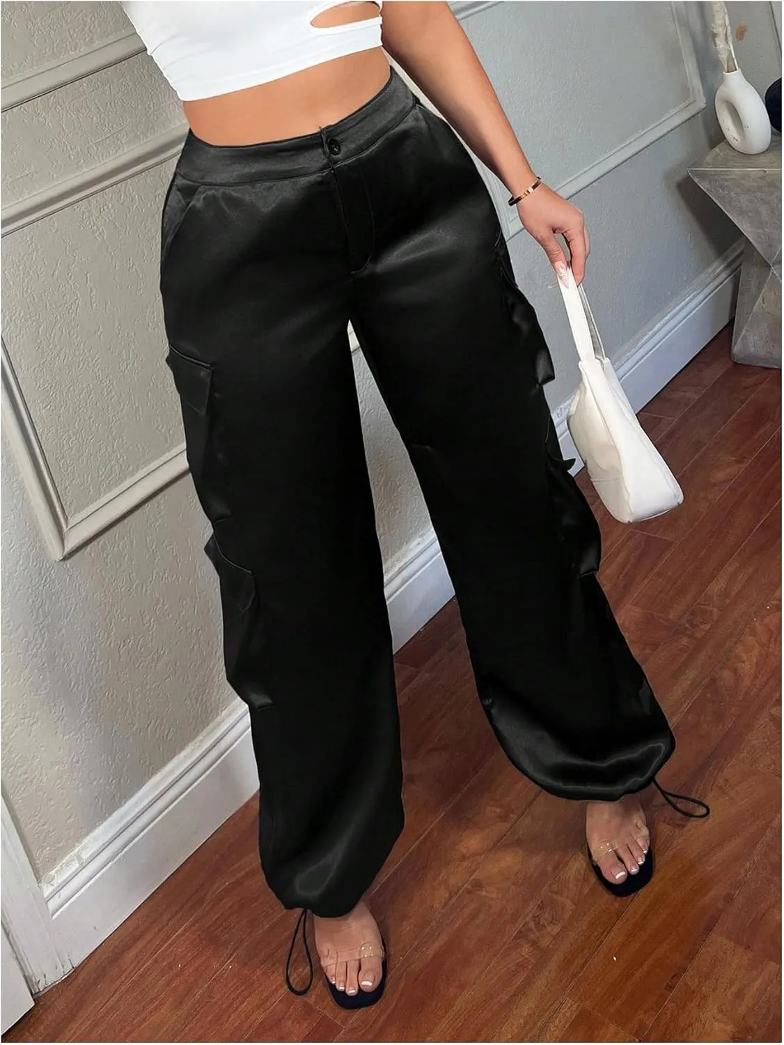 WDIRARA Women's Satin Cargo Pants Low Waist Wide Leg Work Pants with 3D Pockets