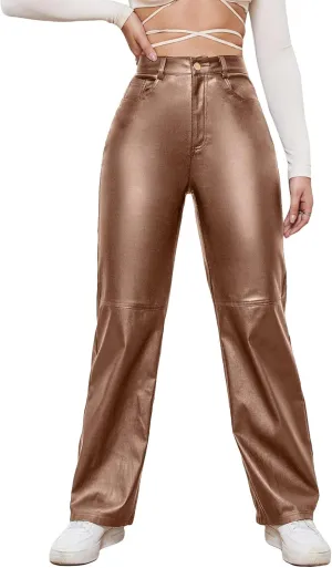 WDIRARA Women's Slant Pocket Straight Leg High Stretch Jeans Leather Look Long Pants