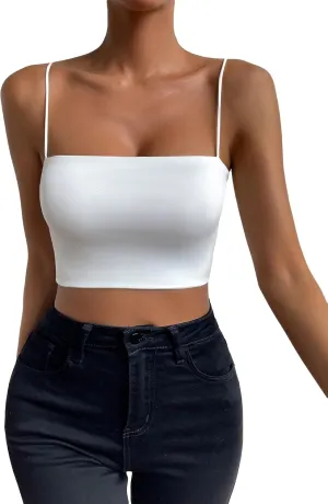 WDIRARA Women's Spaghetti Strap Solid Crop Cami Top Sleeveless Basic Cami Tank Tops