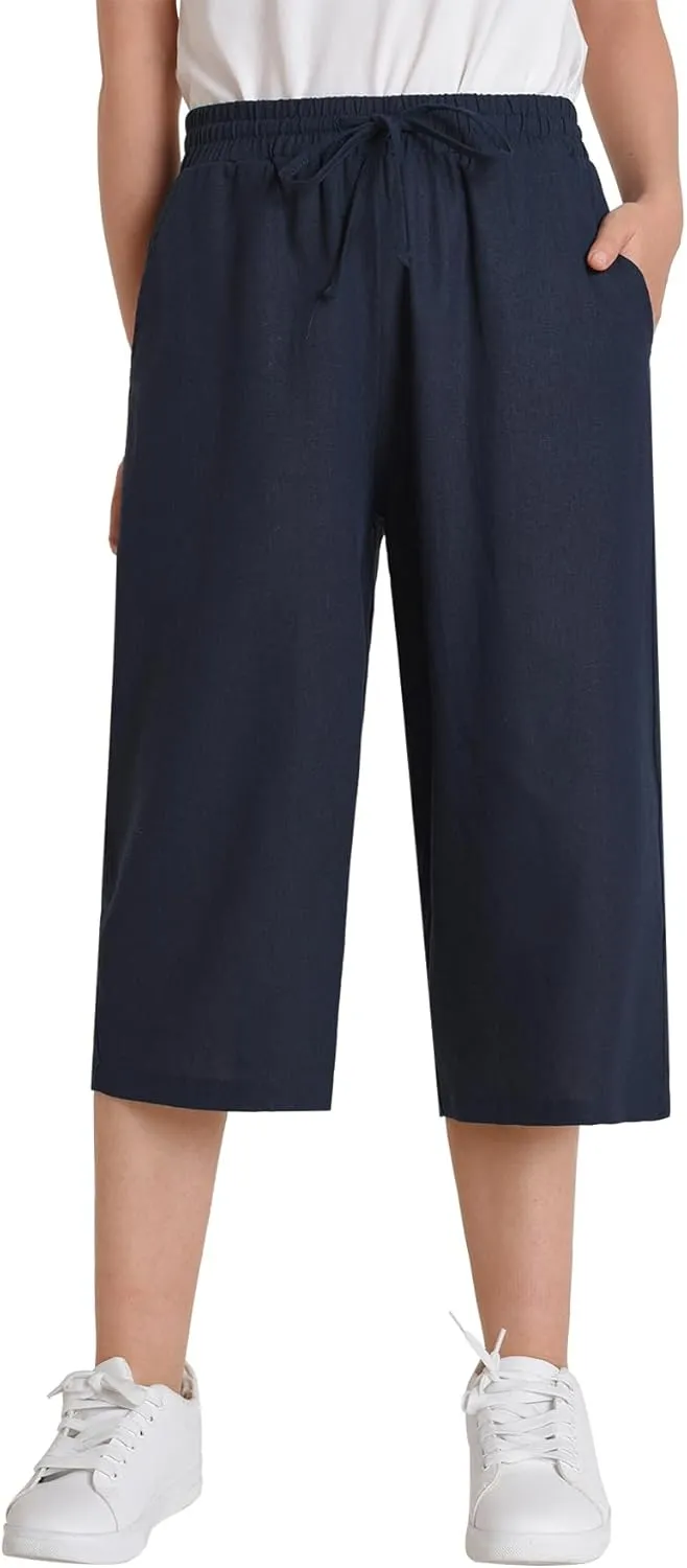 Weintee Women's Petite Linen Capris Wide Leg Cropped Pants with Pockets