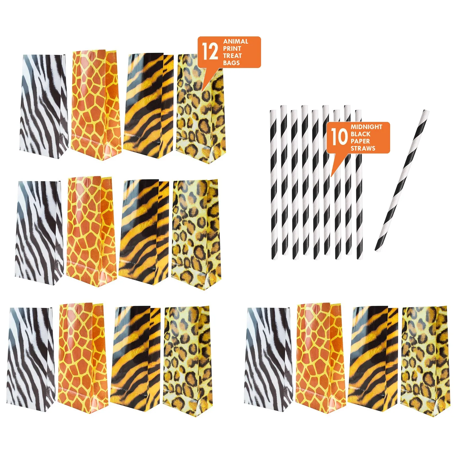 Wild Animal Print Party Supplies - Treat Bags with Striped Paper Straws for 12 Guests