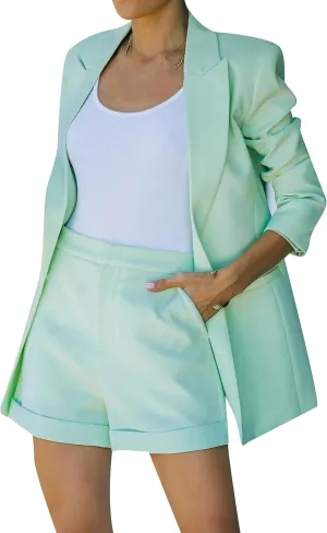 WIWIQS Women's 2 Piece Casual Long Sleeve Blazer Open Front Solid Short Pants Suit Sets