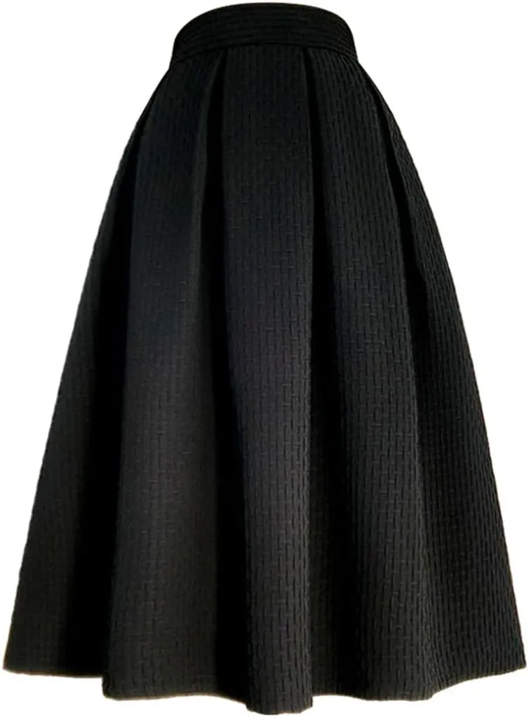 Wjnvfioo Spring Autumn Women Black Stripes Embroidery High Waist Pleated Long Midi Skirt