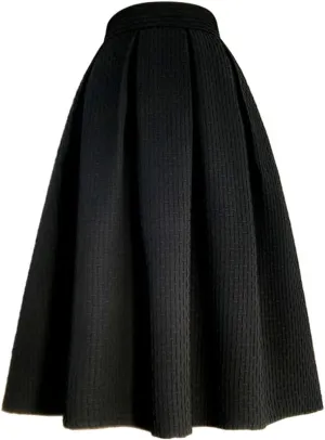 Wjnvfioo Spring Autumn Women Black Stripes Embroidery High Waist Pleated Long Midi Skirt