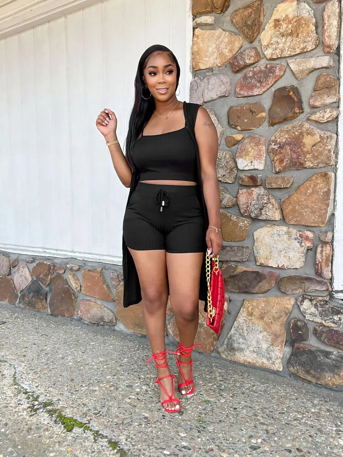 Women 3 Piece Outfits Ribbed Sleeveless Long Cardigan Crop Tank Tops Bodycon Shorts Sets Sweatsuit Lounge Set