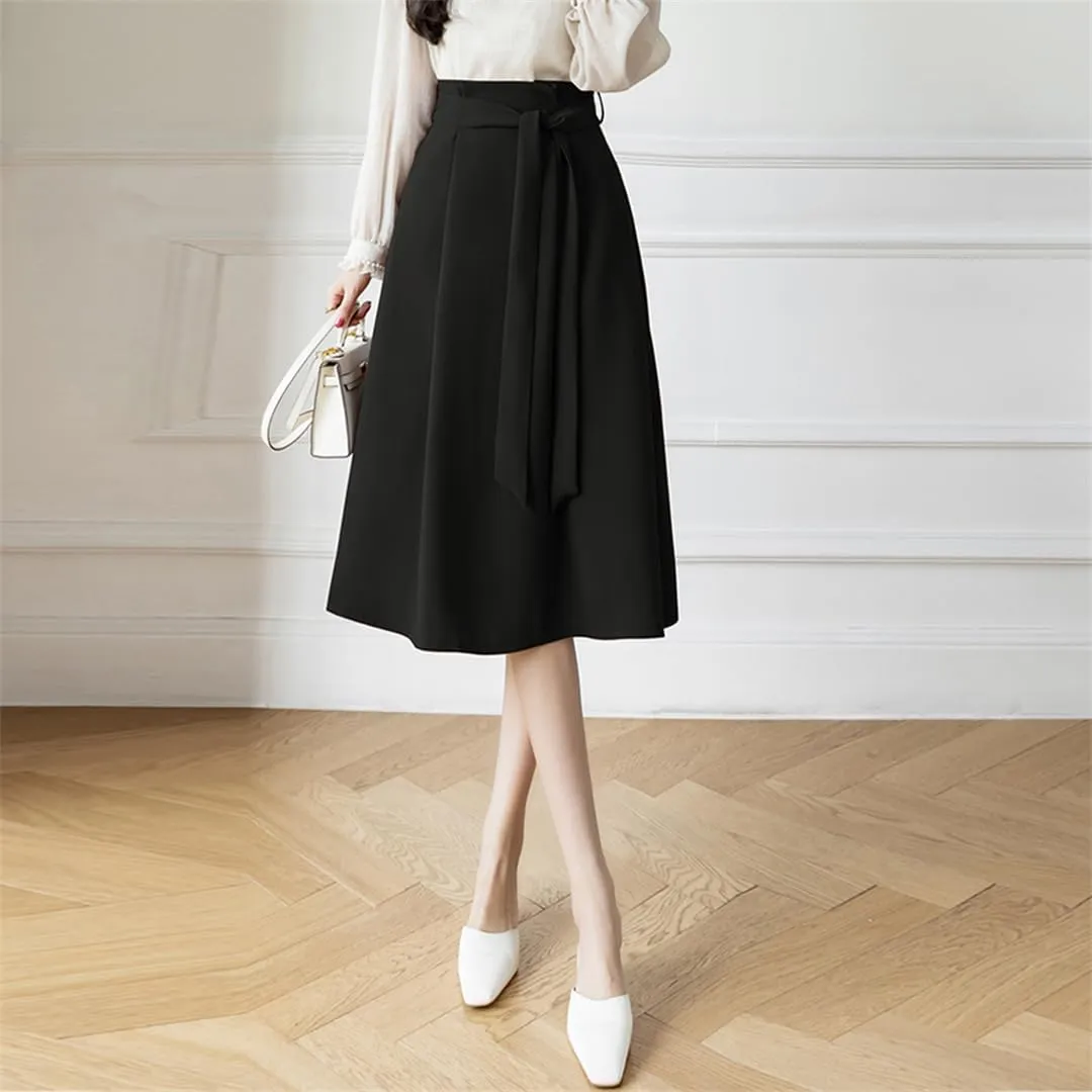 Women A-Line Skirts Elegant Ruffles Waist Bow Sashes Pleated Skirt Office Lady Vintage Midi Skirts