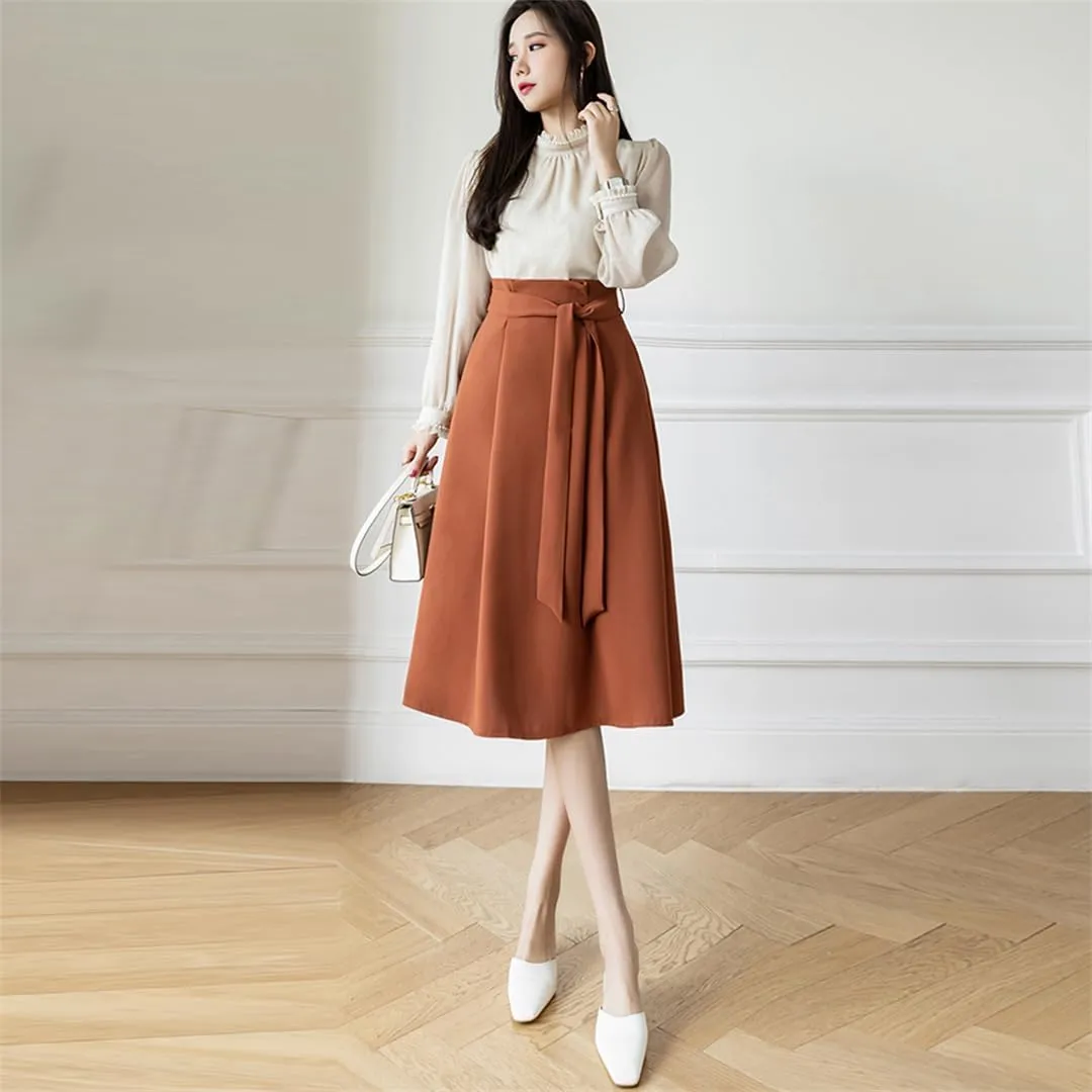 Women A-Line Skirts Elegant Ruffles Waist Bow Sashes Pleated Skirt Office Lady Vintage Midi Skirts