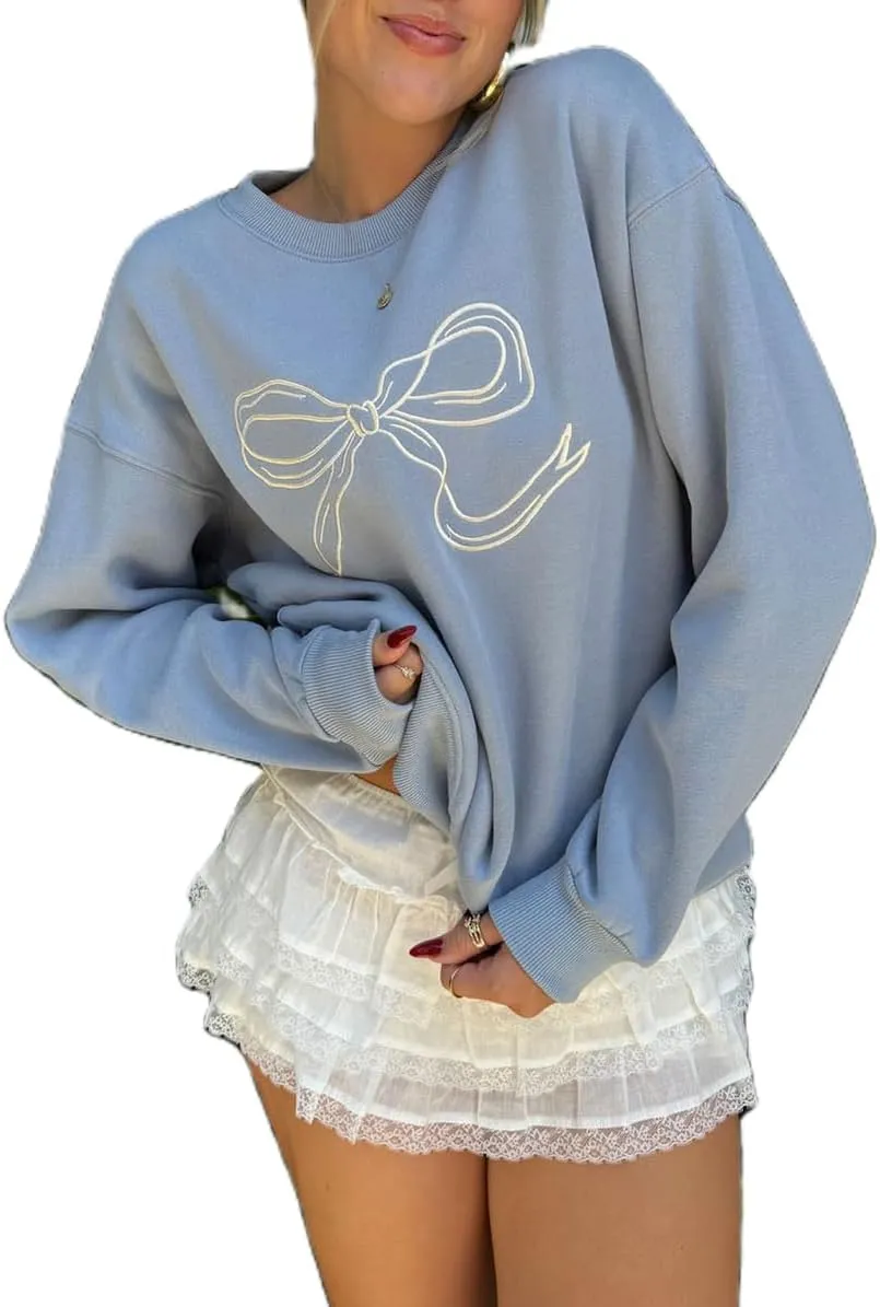 Women Bow Embroidered Sweatshirts Cute Graphic Long Sleeve Crewneck Pullover Tops Y2k Fall Oversized Sweatshirts