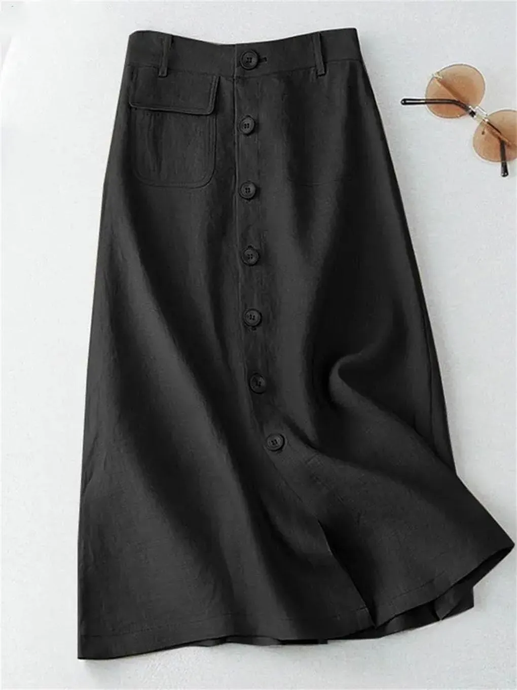 Women Button Up A-Line Skirts Cotton High Waist Mujer Solid Temperament Midi Skirts