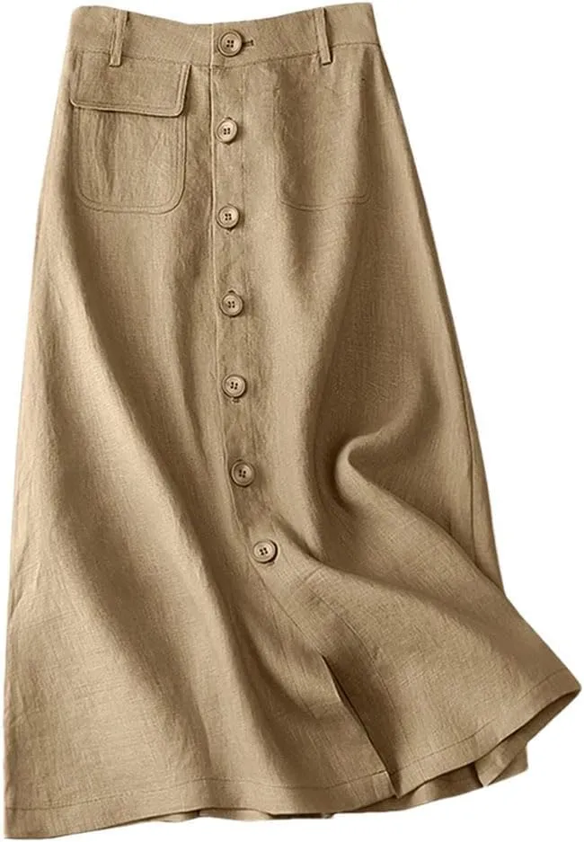 Women Button Up A-Line Skirts Cotton High Waist Mujer Solid Temperament Midi Skirts