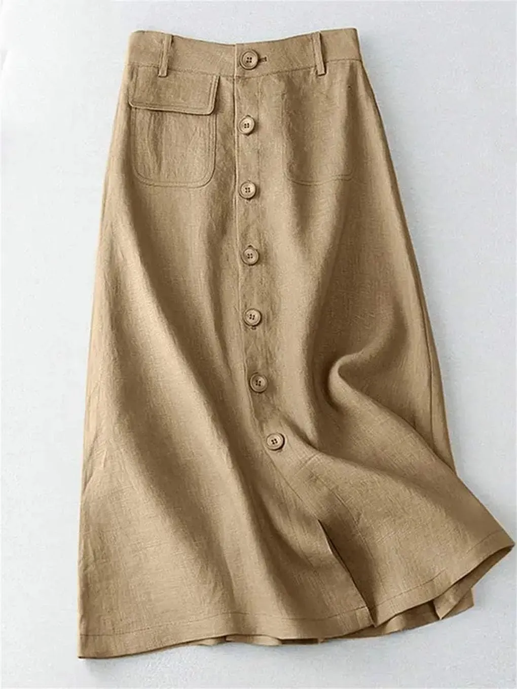 Women Button Up A-Line Skirts Cotton High Waist Mujer Solid Temperament Midi Skirts
