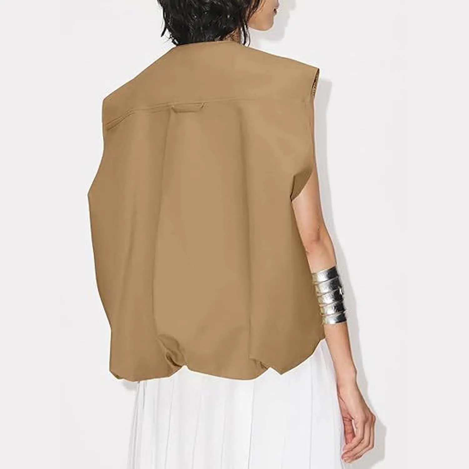 Women Cargo Vest Oversize Cropped Sleeveless Jacket Lightweight Ruffle Ruched Fashion Tops Summer Casual Zip Up Outfit