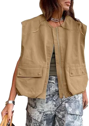 Women Cargo Vest Oversize Cropped Sleeveless Jacket Lightweight Ruffle Ruched Fashion Tops Summer Casual Zip Up Outfit