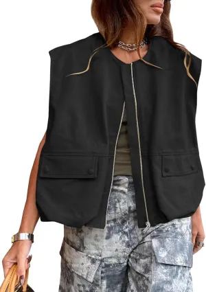 Women Cargo Vest Oversize Cropped Sleeveless Jacket Lightweight Ruffle Ruched Fashion Tops Summer Casual Zip Up Outfit