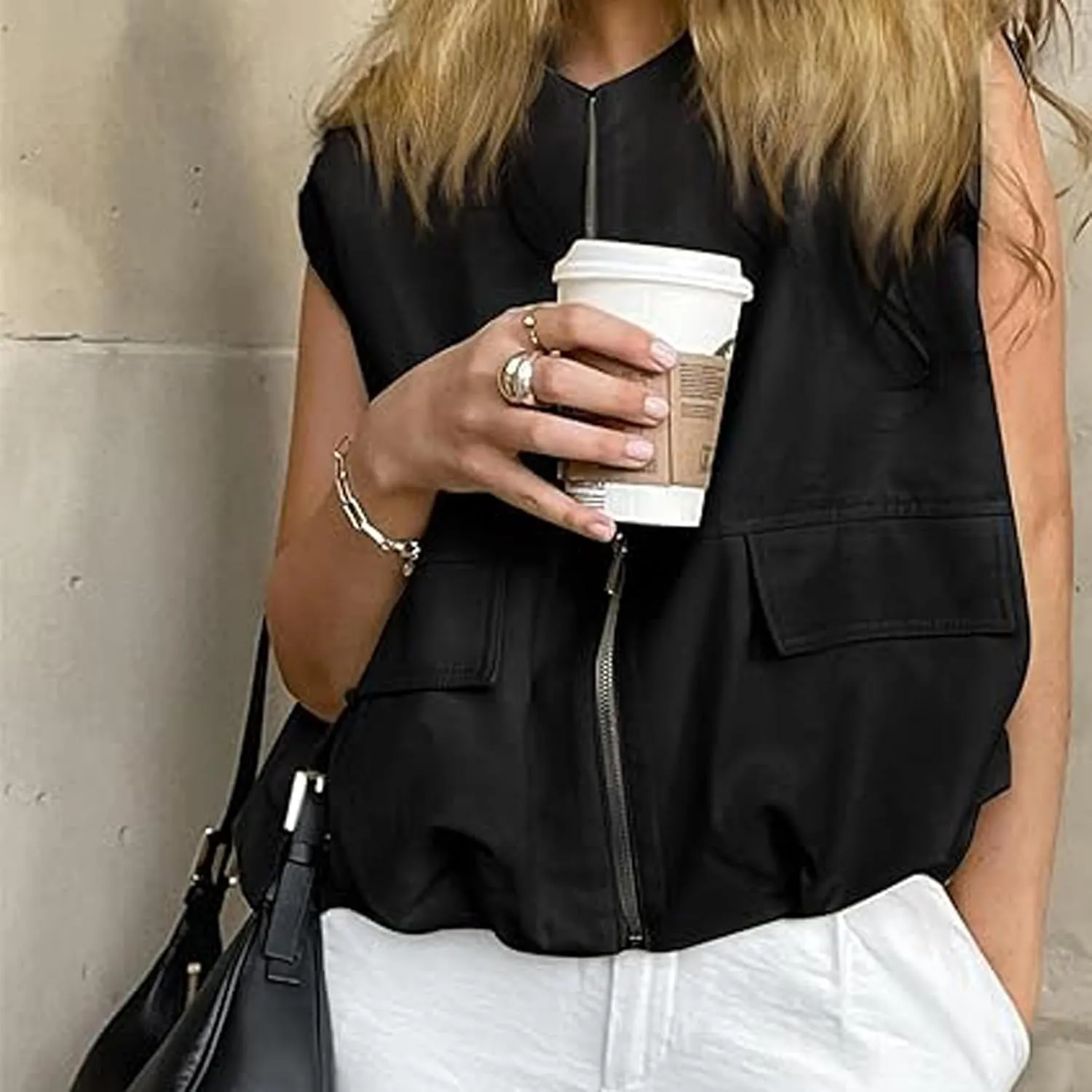 Women Cargo Vest Oversize Cropped Sleeveless Jacket Lightweight Ruffle Ruched Fashion Tops Summer Casual Zip Up Outfit