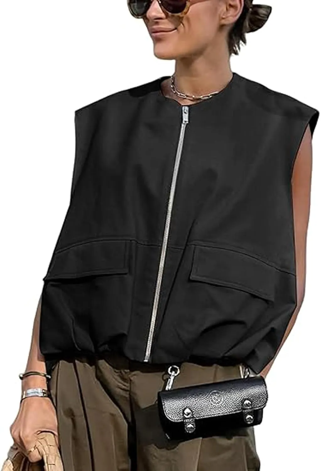 Women Cargo Vest Oversize Cropped Sleeveless Jacket Lightweight Ruffle Ruched Fashion Tops Summer Casual Zip Up Outfit