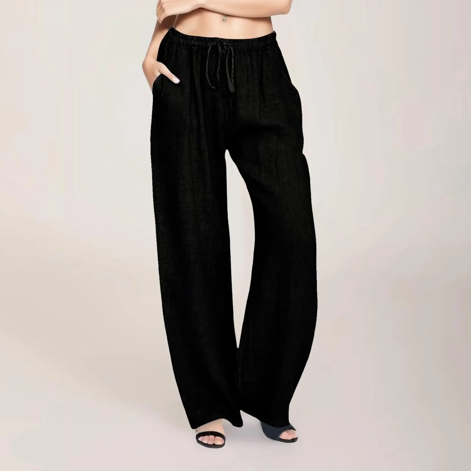 Women Cotton Linen Wide Leg Pants Casual Loose Fit Plus Size Yoga Trousers Summer Lightweight Breathable Beach Pants