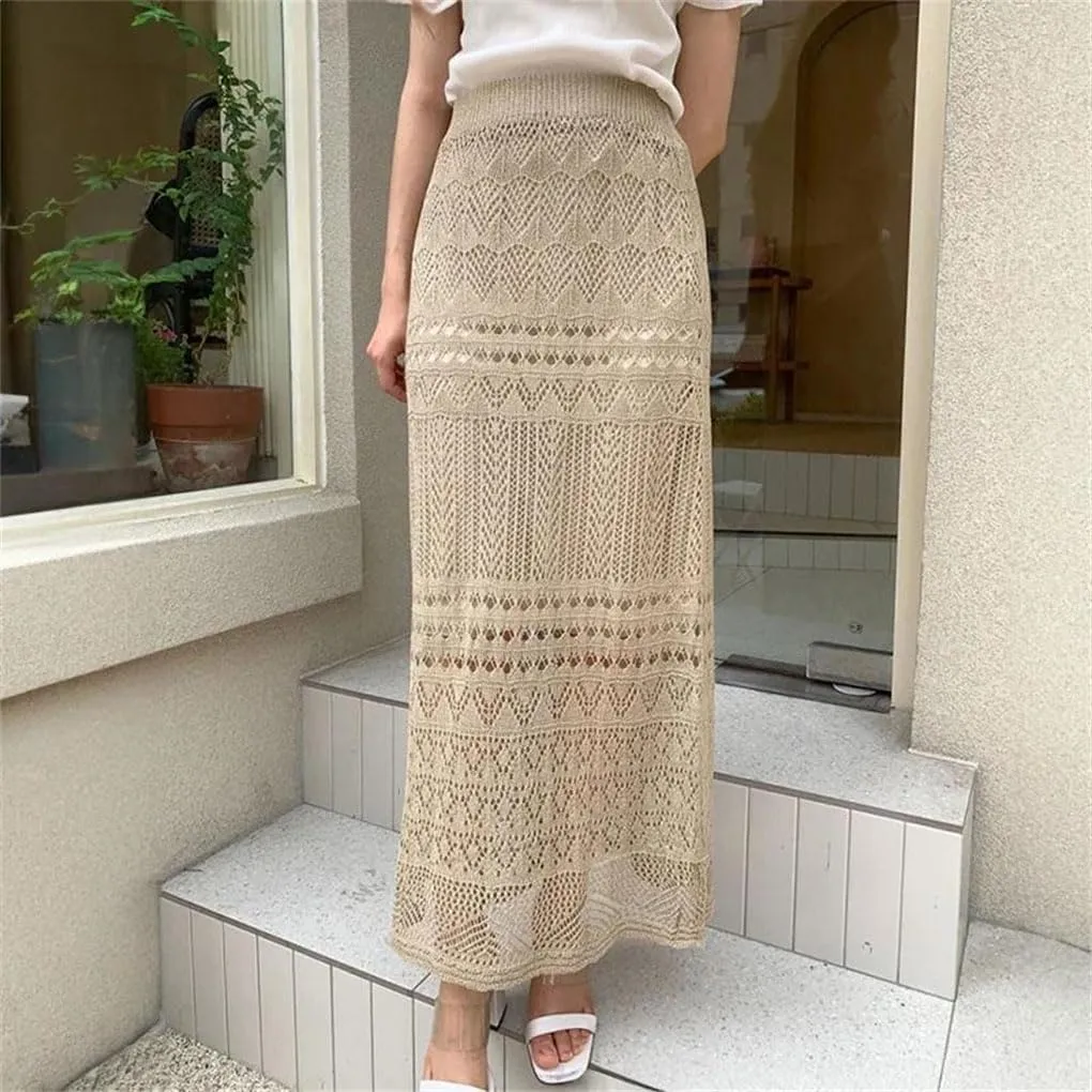 Women Crochet Knit Midi Skirt Semi Sheer Straight Fit Cutout Skirts Boho Beach Resort Wear
