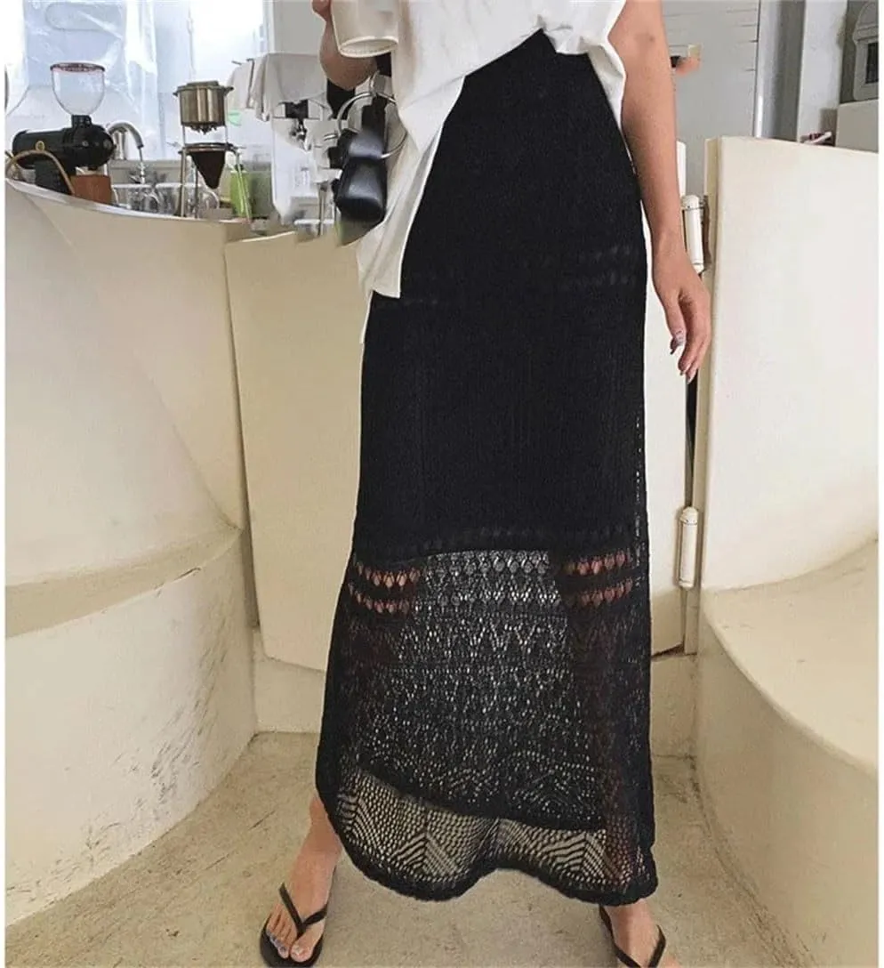 Women Crochet Knit Midi Skirt Semi Sheer Straight Fit Cutout Skirts Boho Beach Resort Wear