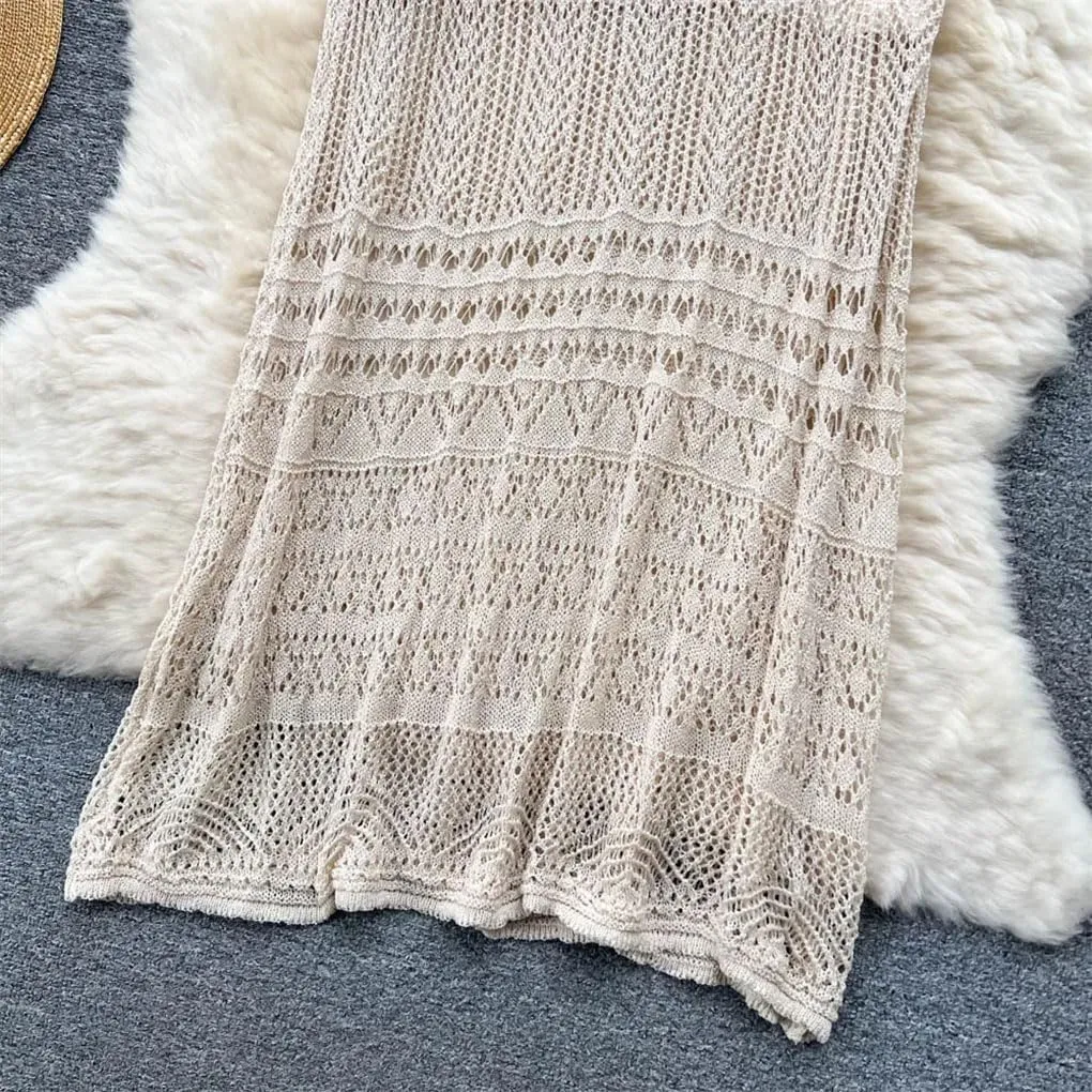 Women Crochet Knit Midi Skirt Semi Sheer Straight Fit Cutout Skirts Boho Beach Resort Wear
