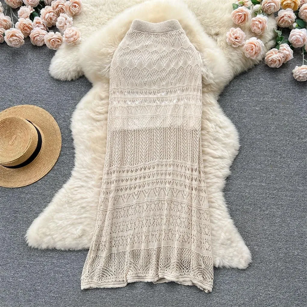 Women Crochet Knit Midi Skirt Semi Sheer Straight Fit Cutout Skirts Boho Beach Resort Wear