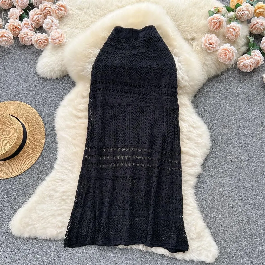 Women Crochet Knit Midi Skirt Semi Sheer Straight Fit Cutout Skirts Boho Beach Resort Wear