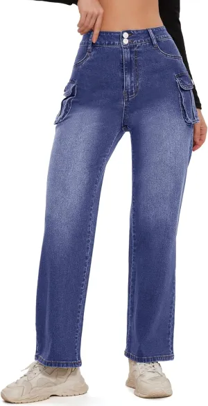 Women Denim Sweatpant Cargo Jeans High Waist Flap Pocket Casual Full-Length Wide Leg Pants Baggy Faux Jeans