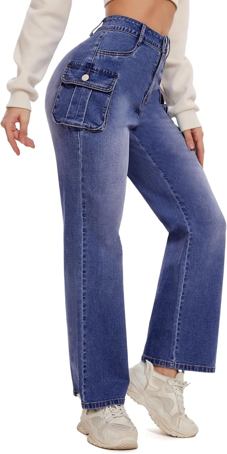 Women Denim Sweatpant Cargo Jeans High Waist Flap Pocket Casual Full-Length Wide Leg Pants Baggy Faux Jeans